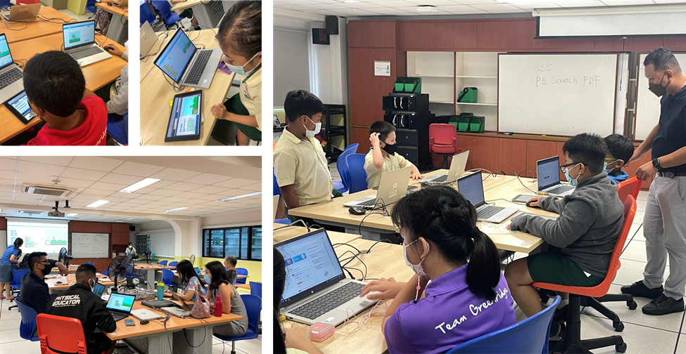 Students and teachers in classrooms using laptops and tablets, with a whiteboard showing "P3 Scratch PDF" in the background.